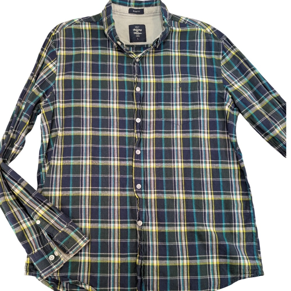 artistry in motion cotton navy plaid button down shirt mens l slim fit top shirt